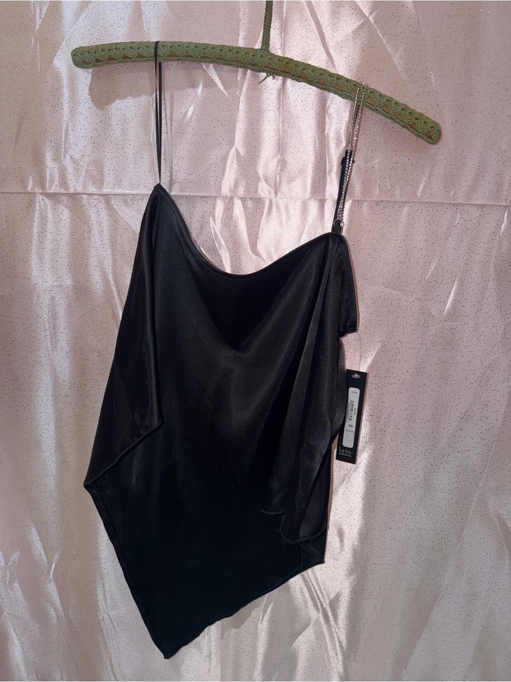 NWT Nicole Miller Black Satin Asymmetric Cowl Neck Top